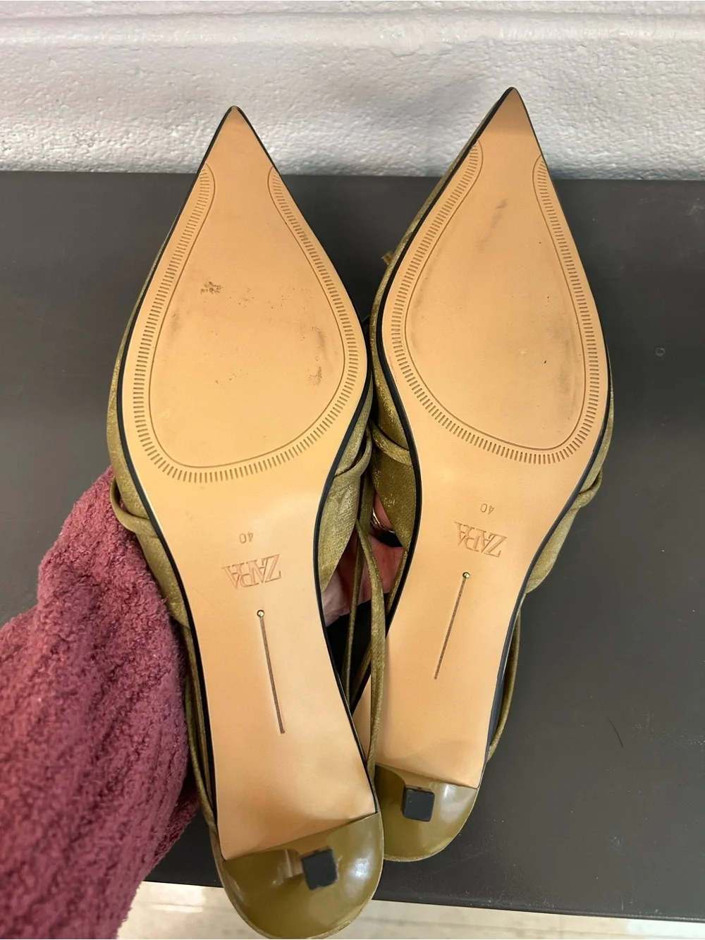 ZARA Olive Green Pointed Toe Bow kittenheel mules 40